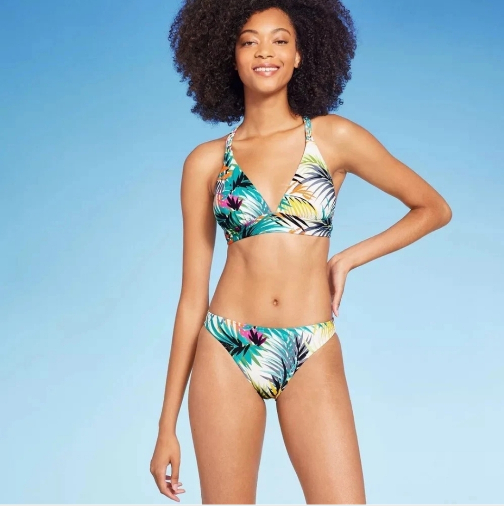 New Bikini Braided Strap Triangle Longline Bikini Top Low Rise Cheeky Bottom Med